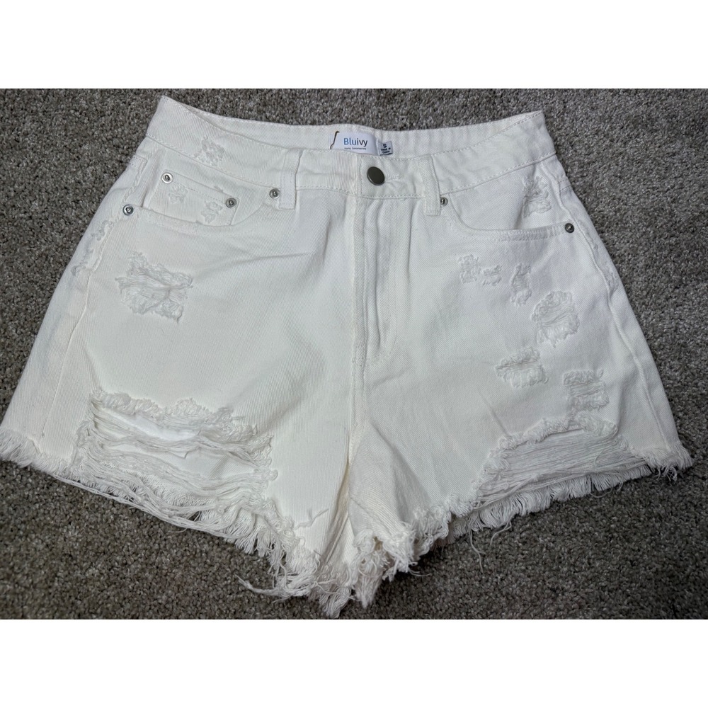 Bluivy‎ White Distressed Denim Shorts High Waisted Frayed Hem Womens Small